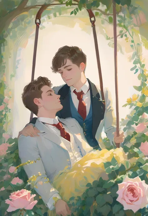 oil painting of handsome  gay couple of hunk irish mens with a wedding suits,cuddling,in a beautiful rose swing,morning bright, ...