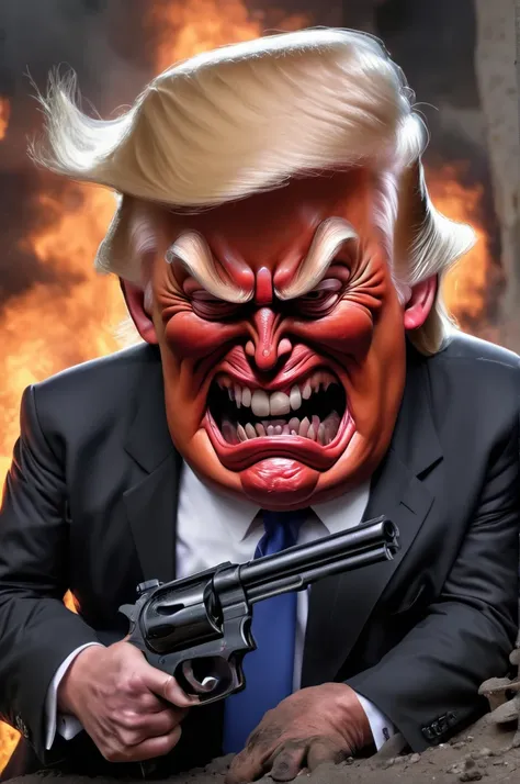 Donald Trump with a gun　Devilish face