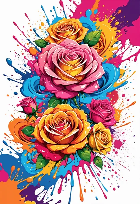 t-shirt designs, vector art, colorful illustration with many roses, at the center, swirly vibrant colors, paint splashes and sme...