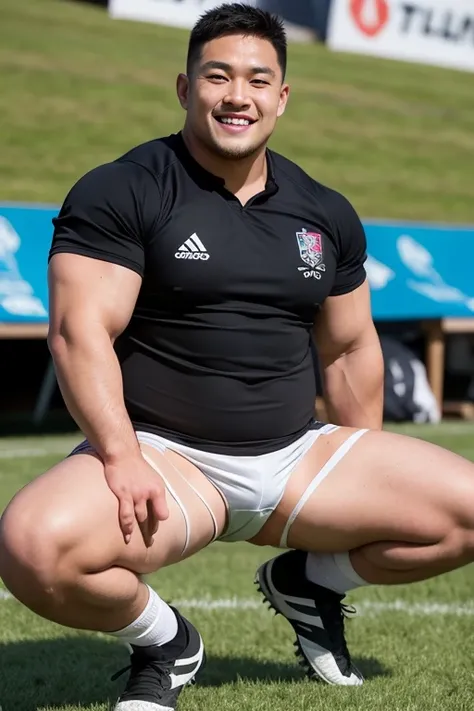 ((highest quality)), ((masterpiece)), (detailed), ((Perfect Face)), 4k, Shaved head, Young Japanese, Muscular, Fat body, Very big man, smile, ((showing off crotch)) A large Japanese man shirtless、whole body、Rugby player、Thick legs、Thick arm muscles、Intimid...