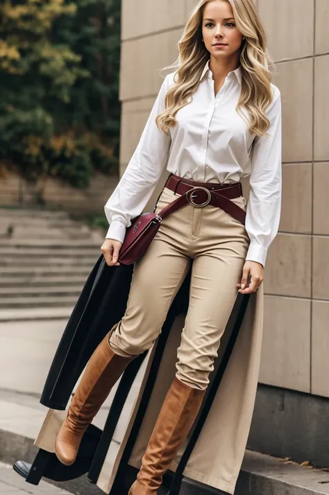 The female in the image appears to have long, wavy blonde hair. She looks to be in her mid to late 20s. Her body structure is fit and athletic. She is wearing a white long-sleeve shirt, beige riding pants, a maroon belt, and black knee-high riding boots.