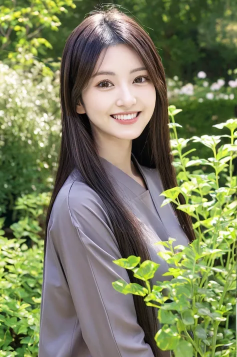 Minami Hamabe,(highest quality,16k,High resolution:1.2),Dark brown long hair,Girls in their 20s,Very detailed,One Girl,A beautiful 26 year old woman,(Minami Hamabe:1.3),(smile),garden,(high quality,ultra detailed,best quality,masterpice,4k,taken by nikon d...