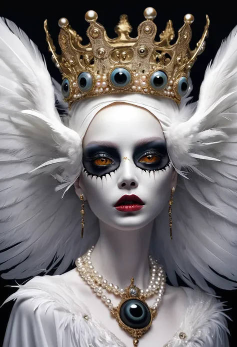 (masterpiece, best quality:1.2),Grotesque Aesthetics:1.56，Thriller， Ugly faceless person，There are many eyeballs growing on the skin of the face，teeth， Solitary，black background，crown，veil，hand，Pearl Necklace，Feather wings