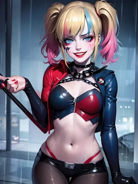 harley quinn standing in the middle of a rain-drenched street, her soaked clothes clinging to her body, no underwear, a wicked s...