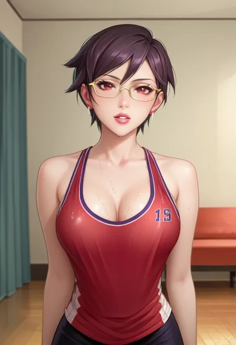 score_9_up, score_8_up, score_7_up, 1girl, solo, mature female, sarada, looking at viewer, (((black short hair))), red eyes, pin...