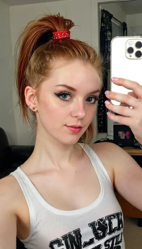 14 years old, ginger girl, punk rock style, punk rock make up, ponytail, iphone mirror selfie