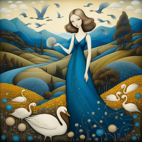 In the style of Benjamin Lacombe. Ethereal woman, dark blond hair, blue eyes, wearing a long dress with dried flower motifs. Around her stylized cats and swans. Background, hills, trees, blooming dandelion flowers. Bright, masterpiece