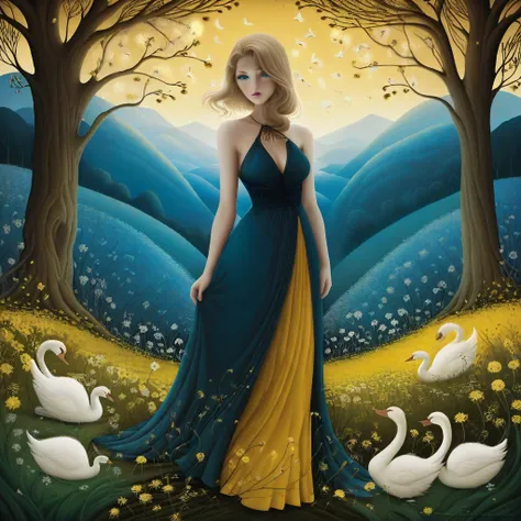 In the style of Benjamin Lacombe, Andy Kehoe. Ethereal woman, dark blond hair, blue eyes, wearing a long dress with dried flower motifs. Around her stylized cats and swans. Background, hills, trees, blooming dandelion flowers.