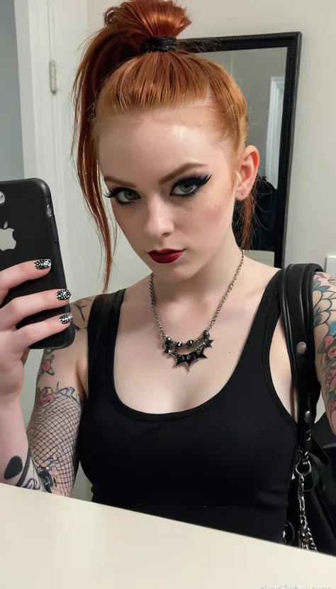 14 years old, ginger girl, goth style, punk rock make up, ponytail, iphone mirror selfie, sfw, black make up