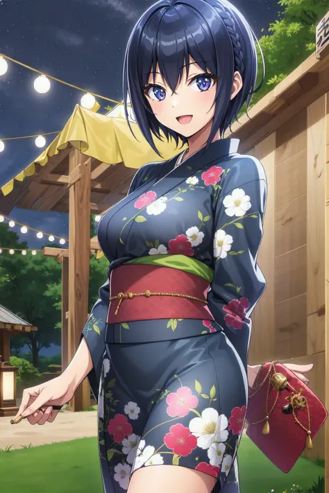 1girl, solo, short hair, 
braid, eyebrows visible through hair, purple hair, 
smile, arms behind back, cowboy shot, look at viewer, 
kimono, yukata, outdoor, night, festival background, lights, 