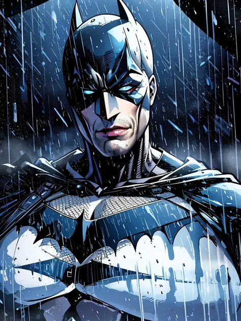 harley quinn batman, rain-drenched street, soaked clothes clinging to body, no underwear, wicked smile, batman costume. batman m...