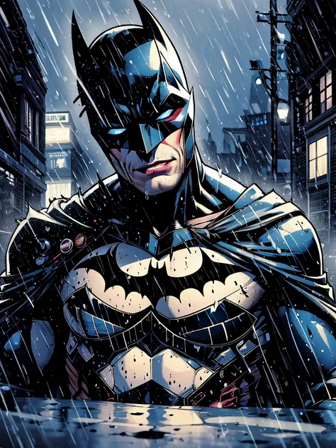 harley quinn batman, rain-drenched street, soaked clothes clinging to body, no underwear, wicked smile, batman costume. batman m...