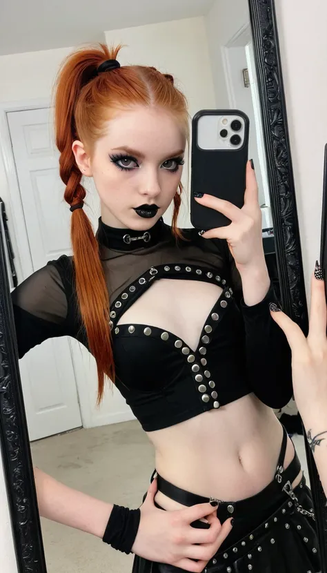 14 years old, ginger girl, goth style, punk rock make up, ponytail, iphone mirror selfie, sfw