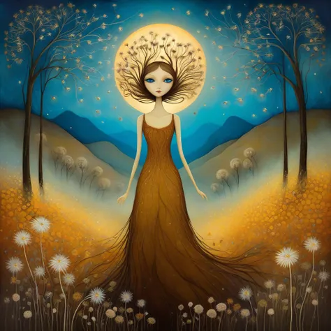 In the style of, Andy Kehoe, Tracy Grimwood. Ethereal naked woman, dark blond hair, blue eyes, wearing a long dress with dried flower motifs. Around her stylized cats . Background, hills, trees, blooming dandelion flowers. vibrant colors, warm color palett...