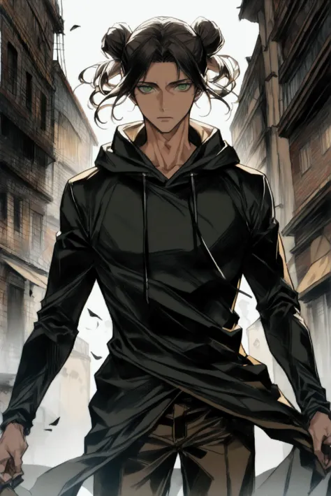 Brown man bun hairstyle、Handsome man in his 20s（1 male,Ellen Yeager）（Attack on Titan）,Green Eyes,Expressionless,（He is wearing a long black hoodie..）,(masterpiece:1.3),(Highest quality:1.4),(Very detailedな:1.5),High resolution,Very detailed,unity 8k wallpa...