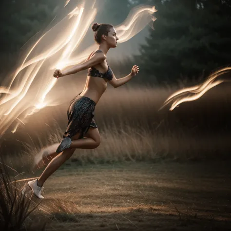 naked woman running in a field, side view, visible motiontrail, motion trail). [the character is surrounded by mist, evoking a m...