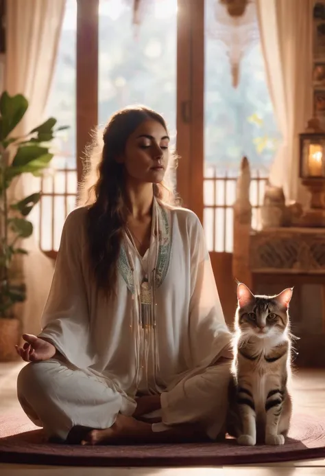 pessoa ocidental meditando cercada de gatos. the setting is the interior of a beautiful room with boho style decor.. cinematic l...