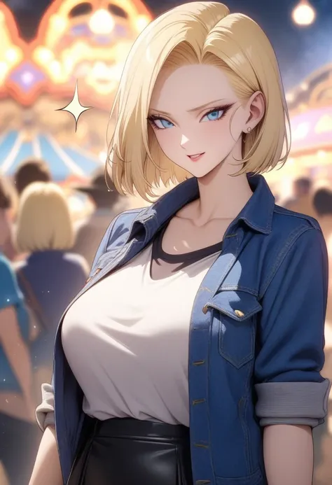 masterpiece, best quality, very aesthetic, absurdres, 1girl, mature_lady, ,,Android 18(Dragon Ball), short hair,blonde hair, blue eyes,  blue jacket,,in an amusement_park,blur background,background defocus,stardust,Fantasy Scen,sparkling