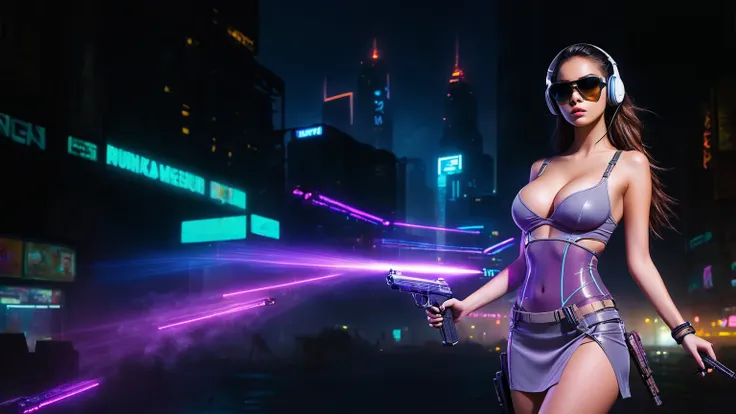 dark futuristic landscape, at night, neon lights, Atmospheric fog, large buildings in the background, futuristic city, streets with open shops, skyscraper (postapocalyptic city:1.3). (((1girl, solo, alone))), large-breast:1.2 slim body, cleavage:1.1, sexy ...