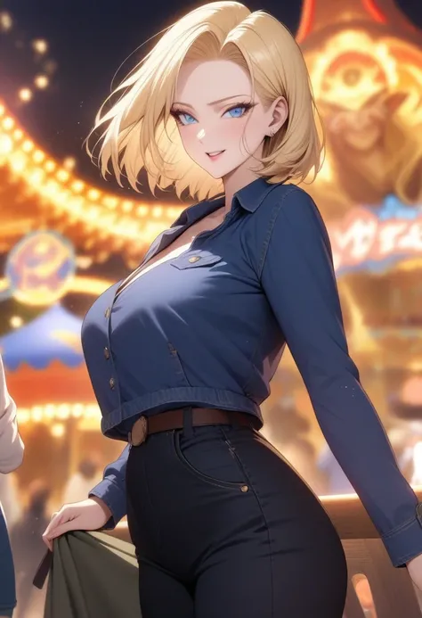 masterpiece, best quality, very aesthetic, absurdres, 1girl, mature_lady, ,,Android 18(Dragon Ball), short hair,blonde hair, blue eyes, blue jacket,,in an amusement_park,blur background,background defocus,stardust,Fantasy Scen,sparkling,midnight