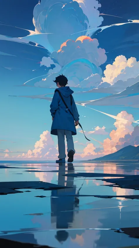 “A boy in a hooded parka walking on water with his back turned to the viewer, set against a bright blue sky with towering cumulonimbus clouds. The sky and clouds are reflected on the water’s surface. The boy appears small, with the focus on the expansive a...