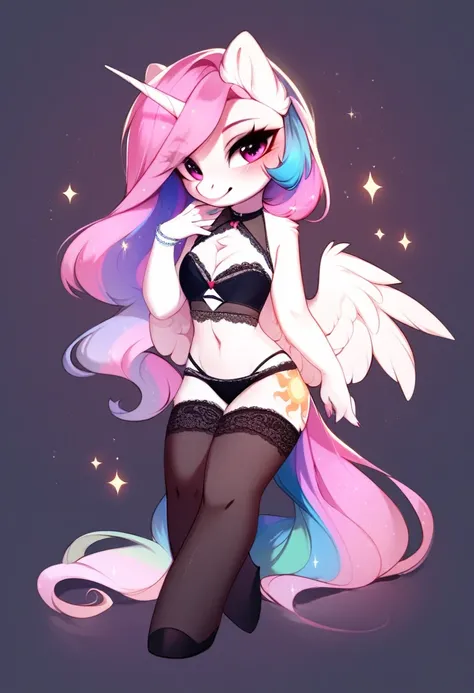 check_9, check_8_up, check_7_up, source_fluffy, rating_safe, from Magnaluna, Celestia poses seductively in a white bedroom, shoulder length hair with bangs, pink eyes, white body, anthro, blushing, wearing goldern lingerie, full body