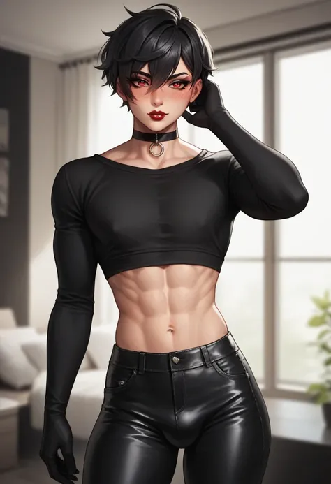 1boy, black eyeliner, male medium length mullet hairstyle, medium sharp hair texture, black hair, handsome, red eyes, black long gloves, black clothes, room, red lipstick, femboy, blush, thin waist, black sweater, black pants, choker, beautiful face, black...