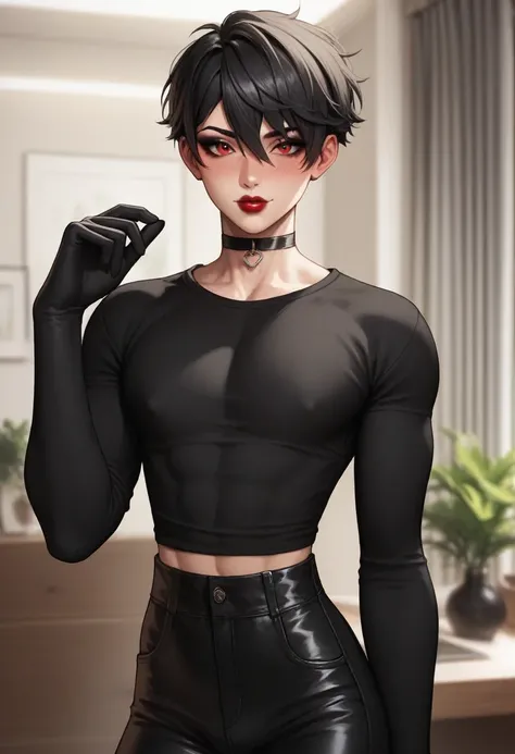 1boy, black eyeliner, male medium length mullet hairstyle, medium sharp hair texture, black hair, handsome, red eyes, black long gloves, black clothes, room, red lipstick, femboy, blush, thin waist, black sweater, black pants, choker, beautiful face, black...