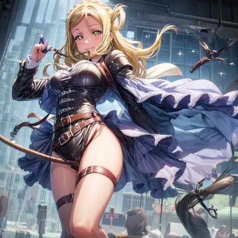 (((pixel perfect,perfect in every detail))), alone,a girl around 15 years old,smile,,nswf,lovely,mari ohara，leather whip，holding...