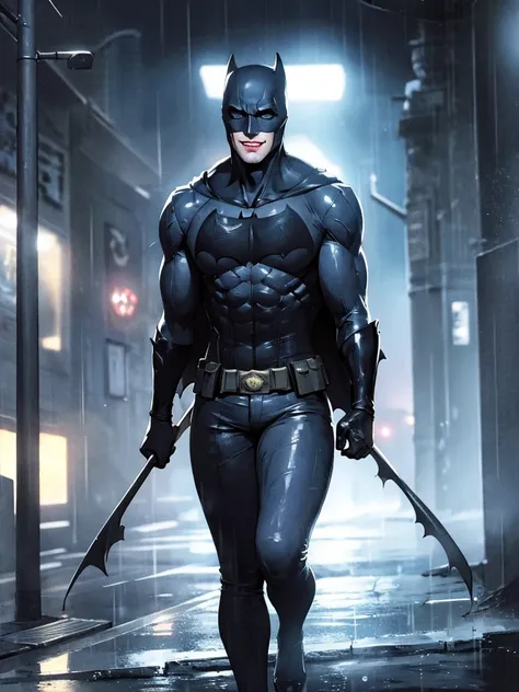 harley quinn batman, rain-drenched street, soaked clothes clinging to body, no underwear, wicked smile, batman costume. batman m...