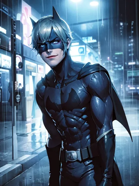 harley quinn batman, rain-drenched street, soaked clothes clinging to body, no underwear, wicked smile, batman costume. batman m...