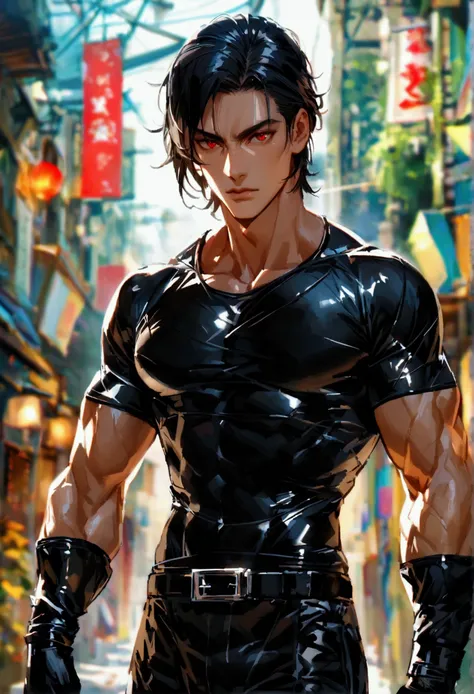 masculine man, tall, muscular, long-sleeved sports shirt made of black lycra, short black hair combed back and red eyes, black belt and black gloves, slim, 24 years old