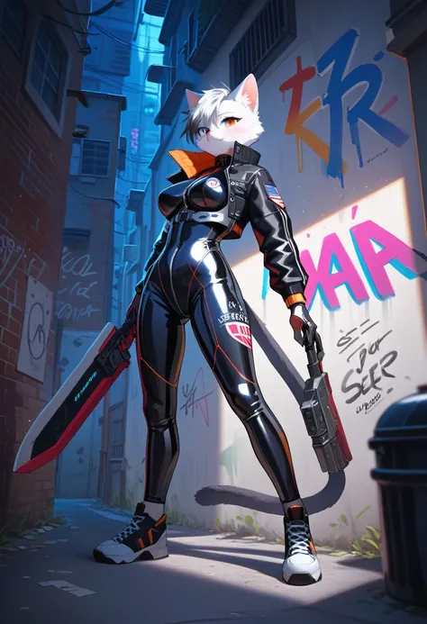 animation, Highest quality, Highest quality, High quality illustrations, masterpiece, Ultra-high resolution, Detailed Background, Alley, night, Graffiti art on the wall, Absurd, Perfect Anatomy, performance, Good lighting, Shadows in the movies(kemono, Fur...