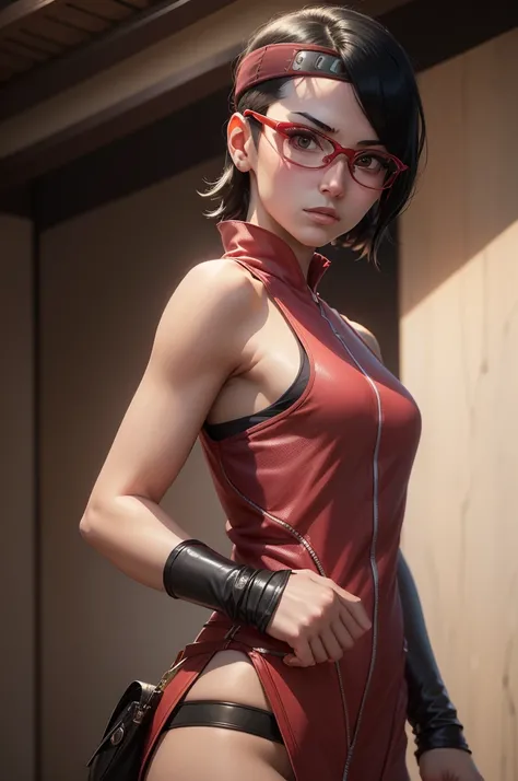 (highres,masterpiece:1.2),ultra-detailed,realistic,professional,beautiful detailed eyes,beautiful detailed lips,dark hair,short black hair,red glasses,stunning black eyes,clear skin,18-year-old girl,fashionable short hairstyle,vibrant red glasses,Shinobi A...