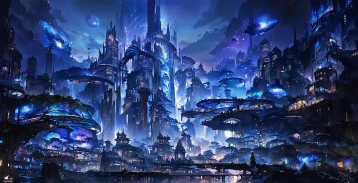 A painting of a Highly detailed, beautiful landscape, Futuristic city, metropolitan. concept art inspired by Tosa Mitsuoki, pixiv contest winner, best quality, fantasy art, beautiful anime scene, , dream painting, Anime Background Art, Fantasy Landscape Ar...