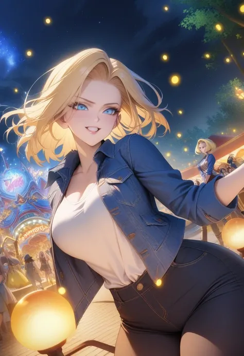 masterpiece, best quality, very aesthetic, absurdres, 1girl, mature_lady, ,,Android 18(Dragon Ball), short hair,blonde hair, blue eyes, blue jacket,,in an amusement_park,stardust,Fantasy Scen,sparkling,midnight,Fireflies
