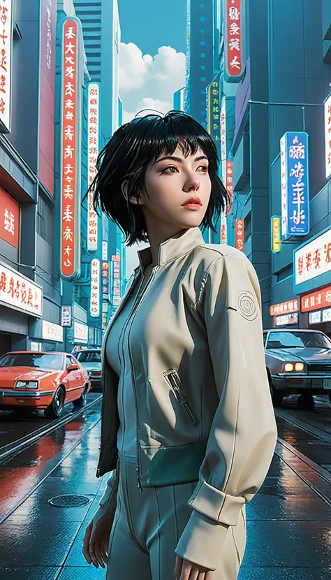 Ghost in the Shell adopts retro 90s anime style, , Science Fiction, Futuristic, Surrealism, Akira Style, Early litigation, Detailed line art, Fine details, greg rutkowski makoto shinkai kyoto animation key art female eye level shot