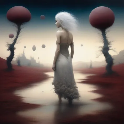 Surreal beautiful naked girl (full length) in a beautiful dress, Jean-Baptiste Monge style, white hair, alien life, alien landscape, there are many different burgundy plants, darkness, emptiness, tree and creature, cartoon picture, illustration for childre...