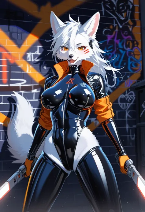 animation, Highest quality, Highest quality, High quality illustrations, masterpiece, Ultra-high resolution, Detailed Background, Alley, night, Graffiti art on the wall, Absurd, Perfect Anatomy, performance, Good lighting, Shadows in the movies(kemono, Fur...