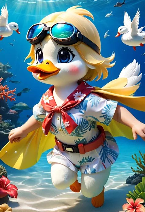 Esbian all over body、Cool white duck、Pop White Duck、Diorama、Simple Background、Underwater goggles、Snorkel、Aloha Shirt、Hawaii beach background、Cape、Best Quality, Capture the cutest moments, Depth of written boundary, Super detailed, Ultra-high resolution, Oc...