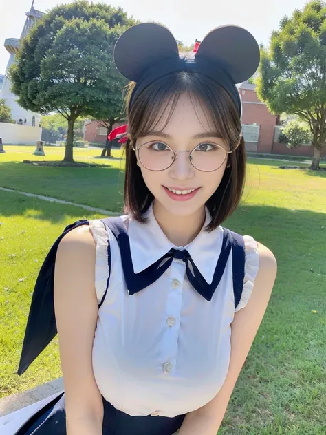 (A super cute Korean high school girl wearing Korean-style cute glasses cosplaying as Mickey Mouse takes a photo 1.2)(grin,Smile)(Beautiful Sweat:1.1)(16K, RAW Photos, Highest quality, masterpiece: 1.2),(Beautiful short bob hair with even bangs, black hair...