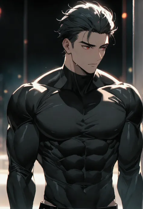 masculine man, tall, muscular, long-sleeved sports shirt made of black lycra, short black hair combed back and red eyes, black belt and black gloves, slim, 24 years old