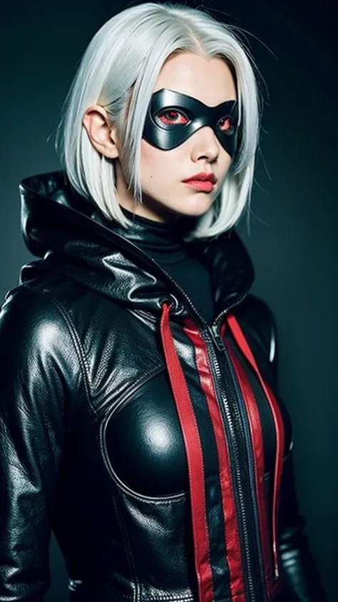 A female character with white hair and red eyes is in the foreground. She wears black armour with a hood and a cybernetic eyepatch over one eye. The woman is holding a large gun, which has mechanical details. The armour has a cross motif on it, giving the ...