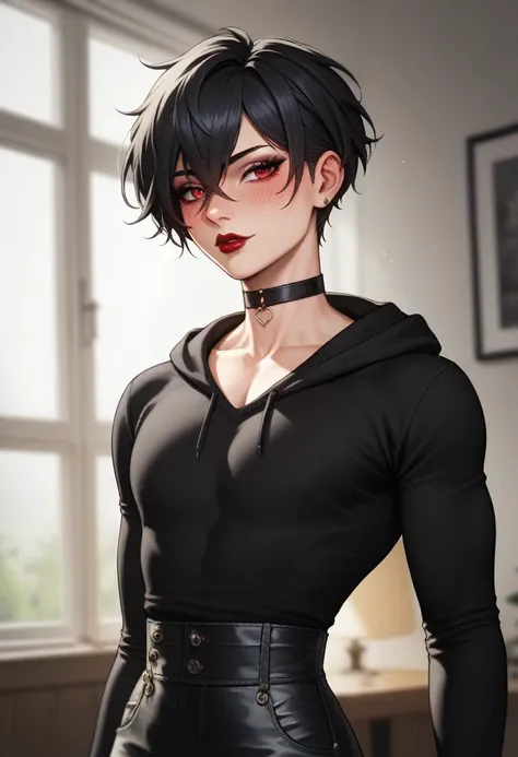 1boy, black eyeliner, male medium length mullet hairstyle, medium sharp hair texture, black hair, handsome, red eyes, black long gloves, black clothes, room, red lipstick, femboy, blush, thin waist, black sweater, black pants, choker, beautiful face, black...