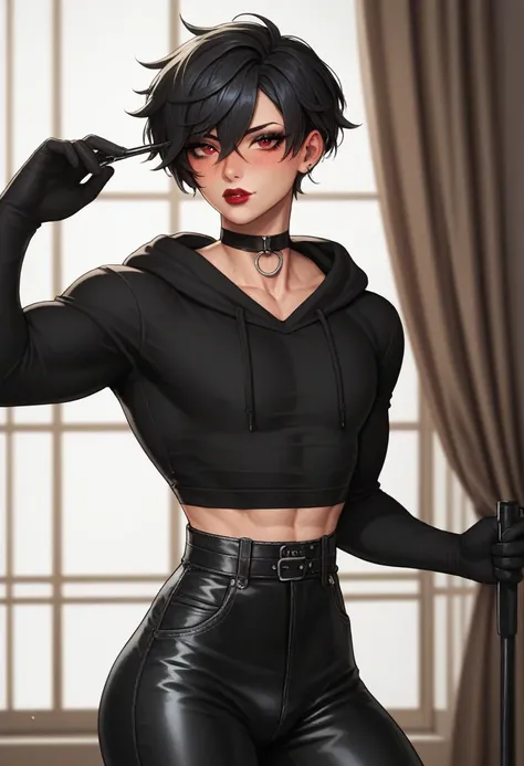 1boy, black eyeliner, male medium length mullet hairstyle, medium sharp hair texture, black hair, handsome, red eyes, black long gloves, black clothes, room, red lipstick, femboy, blush, thin waist, black sweater, black pants, choker, beautiful face, black...