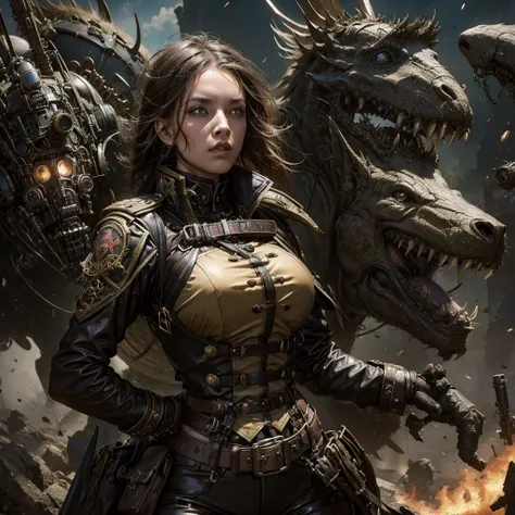 a girl in a steampunk military uniform in a battlefield accompanied by surreal creatures