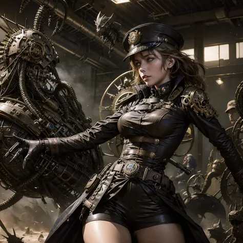 
a girl in a steampunk military uniform in a battlefield accompanied by surreal creatures