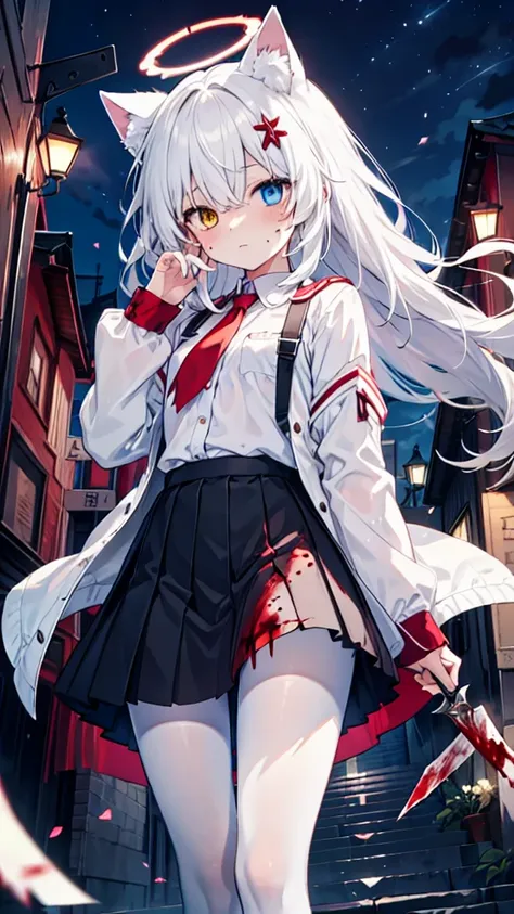 White pantyhose，White hair，Crazy expression，Long hair，Cat ear，Heterochromia（Left blue right red），Female face，There are bright spots in the eyes，flat chest，red halo，night，uninhabited alley，Short skirt，With a knife，Blood stains on the face，Loss of light in t...