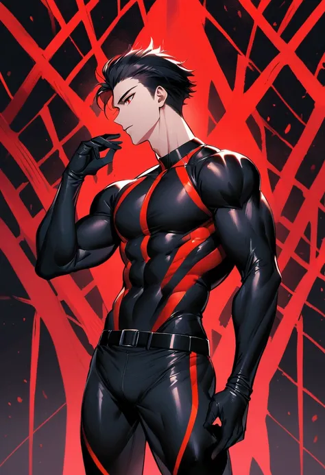 masculine man, tall, muscular, long-sleeved sports shirt made of black lycra, short black hair combed back and red eyes, black belt and black gloves, slim, 24 years old