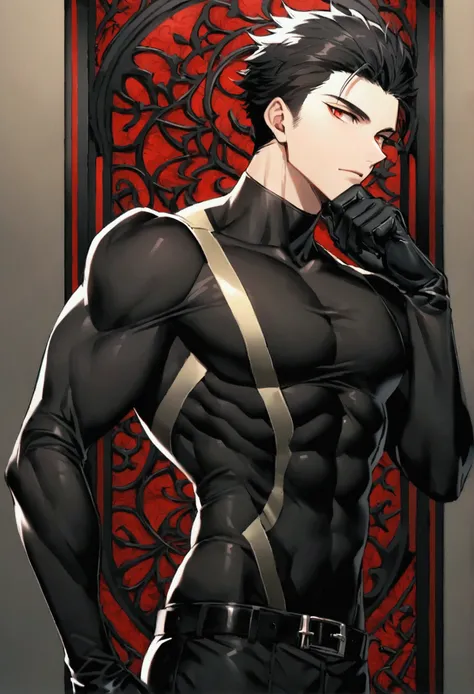 masculine man, tall, muscular, long-sleeved sports shirt made of black lycra, short black hair combed back and red eyes, black belt and black gloves, slim, 24 years old